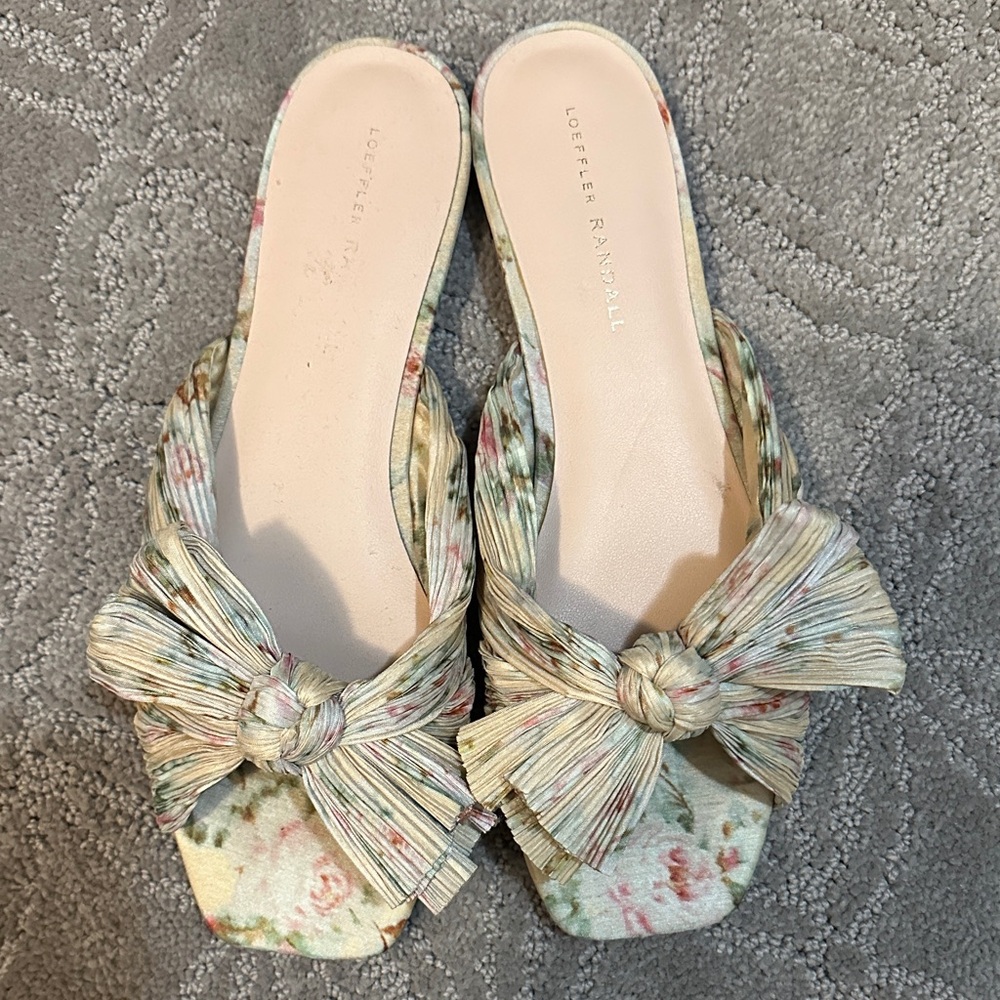 Loeffler Randall Daphne Flat Mules in Cream and Pink Floral Design. Size 39